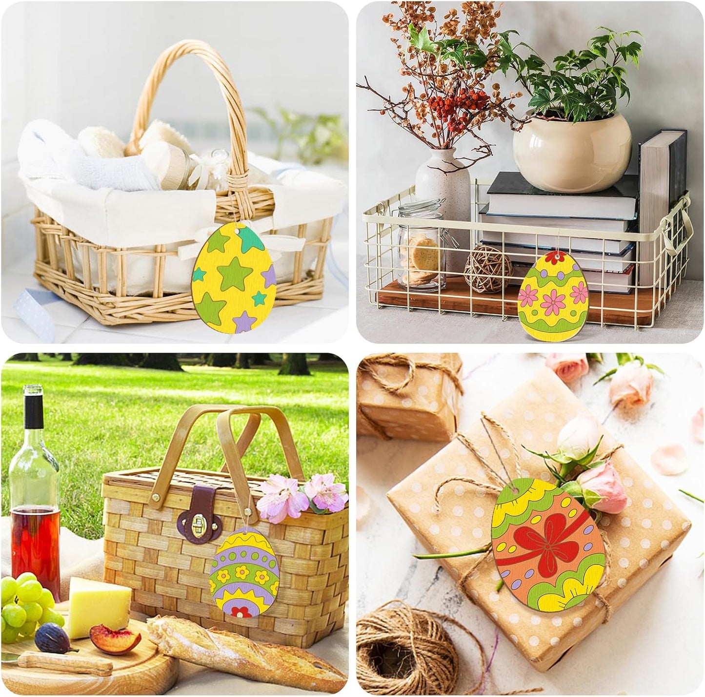 36PCS Wooden Easter Ornaments to Paint, 6 Styles DIY Blank Unfinished Wood Egg Cutouts Ornament for Crafts Hanging Decorations, Egg Rabbit Bunny Butterfly Flower Happy Easter