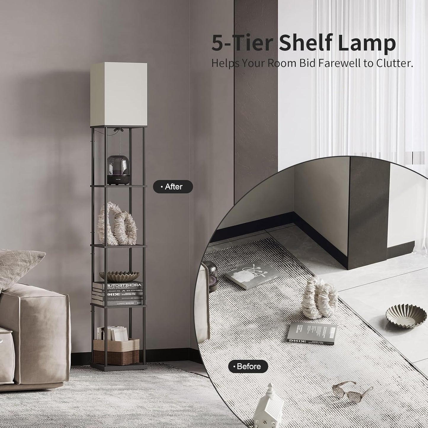 SUNMORY 5 Tier Floor Lamp with Shelves, Modern Square Standing Lamp with 3 Color Temperature Bulb, Corner Display Bookshelf Lamp for Living Room and Bedroom, Tall Shelf Floor Lamp