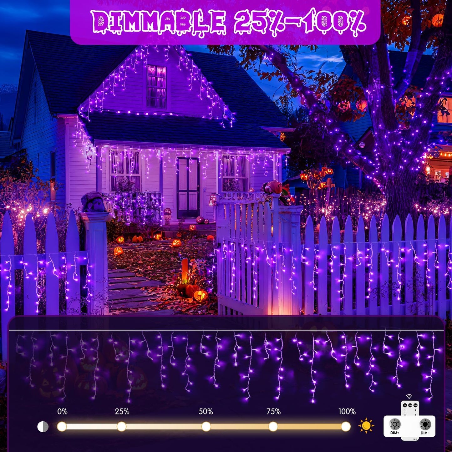 JMEXSUSS Purple Halloween Lights Outdoor, 800 LED Purple Icicle Lights Outdoor Waterproof, 8 Modes String Light Plug in for Fireplace Tree Garden Patio Halloween Decor
