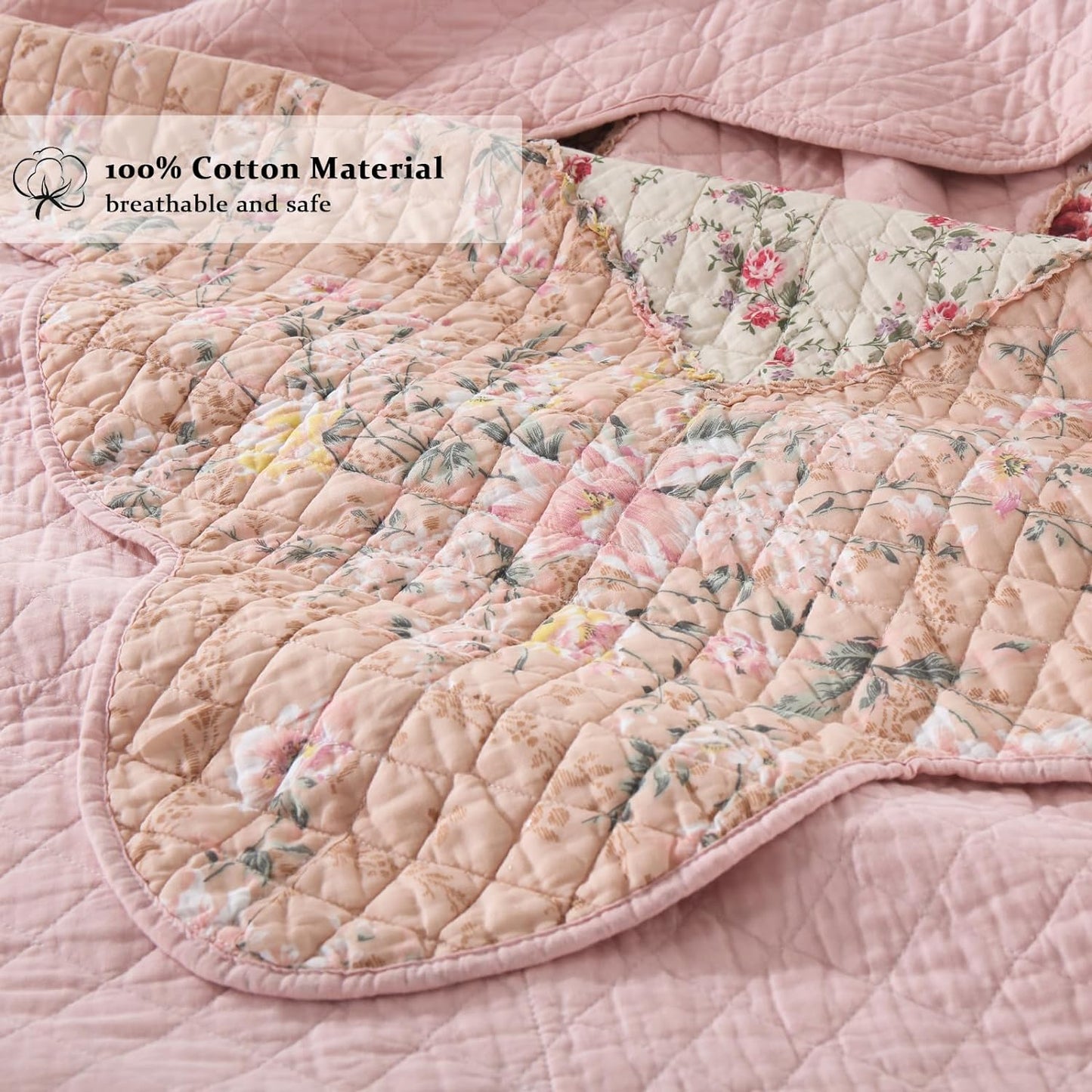 Yvooxny Quilts King Size Patchwork Pink Floral Quilt Set Vintage Shabby Chic Botanical Floral Quilted Bedspread 3-Piece Quilt Set with Ruffle for All Seasons, King Size, 106 * 98 Inches