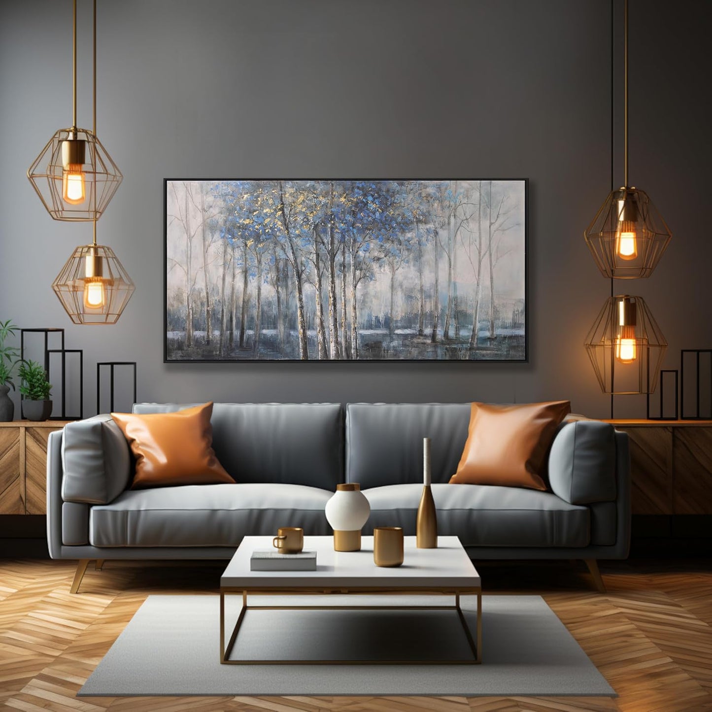 Abstract Canvas Wall Art Modern Abstract Artwork Canvas Prints Framed Canvas Picture Blue Embellishments Plant Grey Misty Forest Abstract Tree Contemporary Wall Art Bedroom Living Room Office
