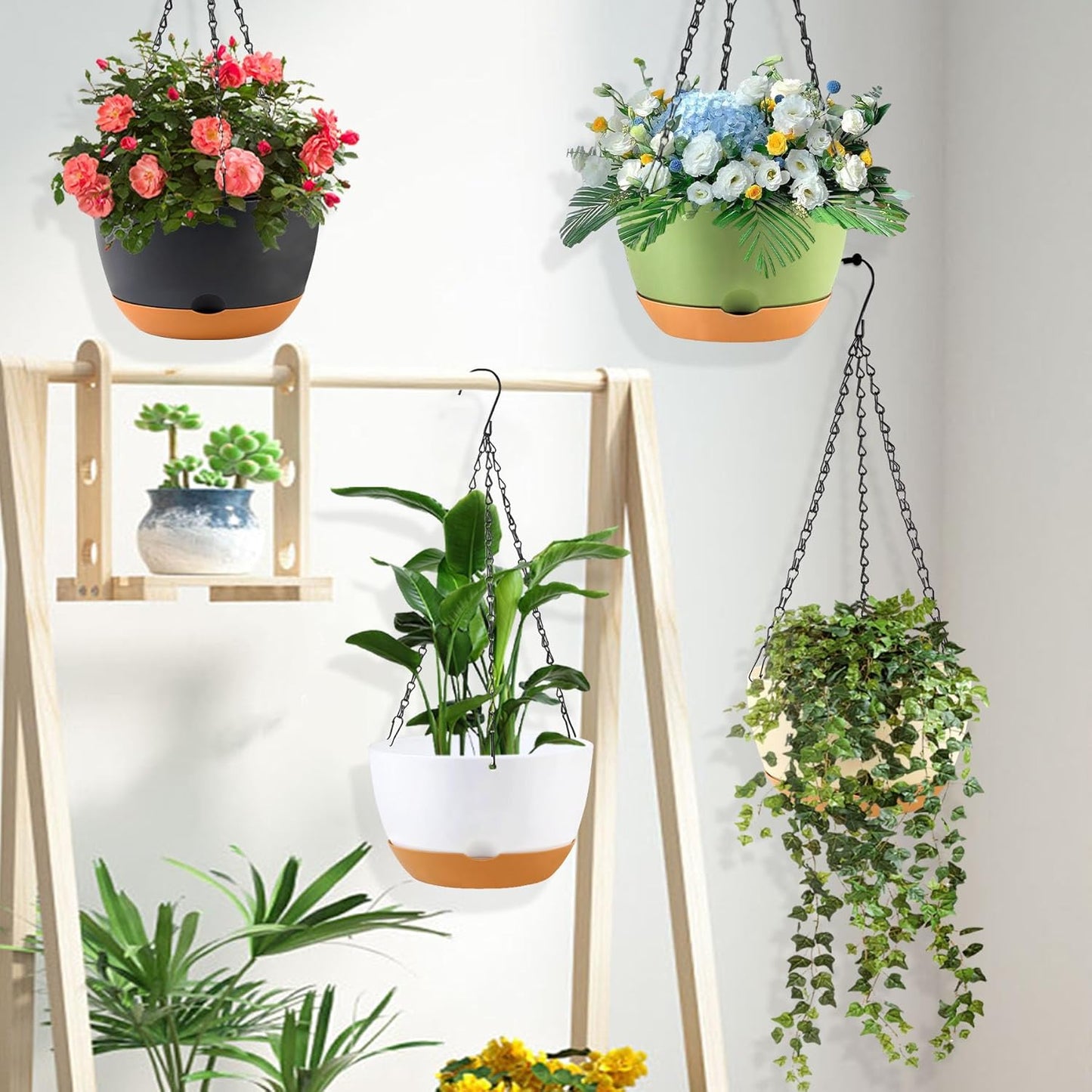 4 Pack Plastic Hanging planters for Indoor Plants,8 Inch Plant Pot Indoor Outdoor Hanging Baskets,Hanging Flower Pots with Drainage Holes and Chain for Garden Porch Plants(White)