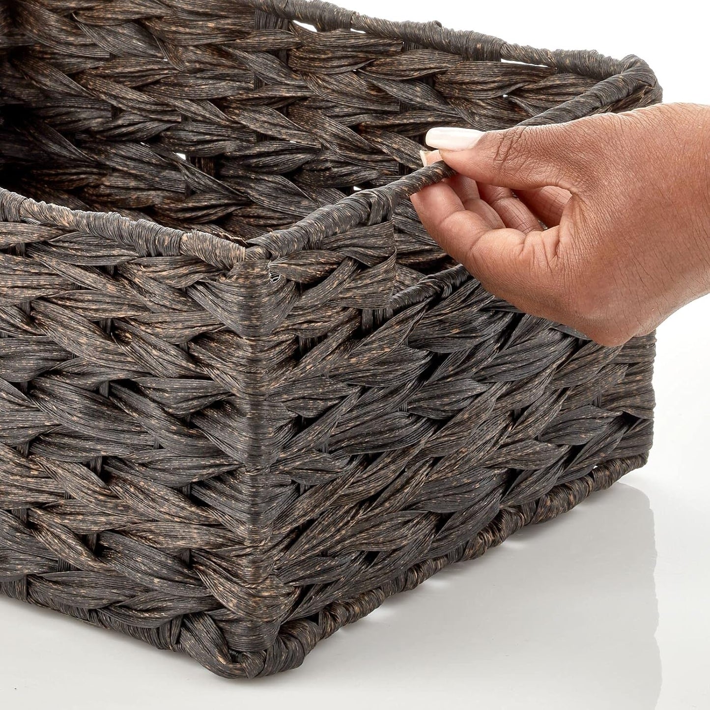 mDesign Woven Farmhouse Kitchen Pantry Food Storage Organizer Basket Bin Box, Container Organization for Cabinets, Cupboards, Shelves, Counter - Store Potatoes, Onions, Fruit, 3 Pack, Espresso Brown