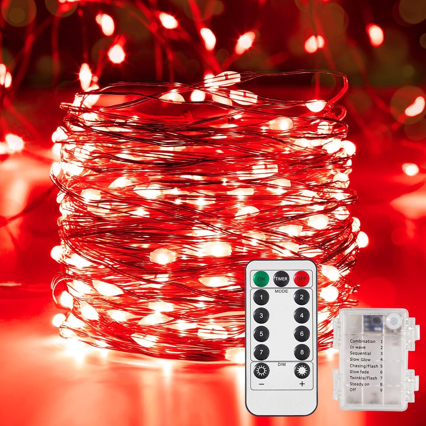 1 Pack 65.6 Ft. Battery Operated Outdoor String Lights with Remote & Timer, LED Red Fairy Lights, Waterproof Twinkle Lights for Bedroom, Dorm, Mason Jar, Wedding, Party, Christmas