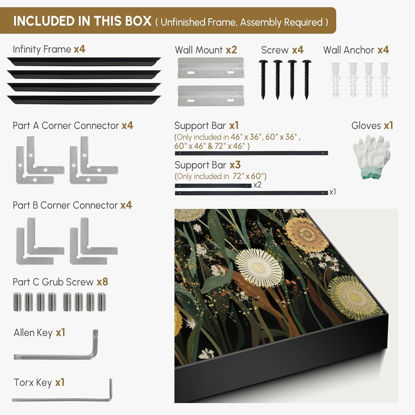 SIGNWIN 46"x72" Extra Large Framed Wall Art Whimsical Dandelion Field in Yellow and Green, Playful Botanical Print for Home Living Room Bedroom Decor (Frame Assembly Required)