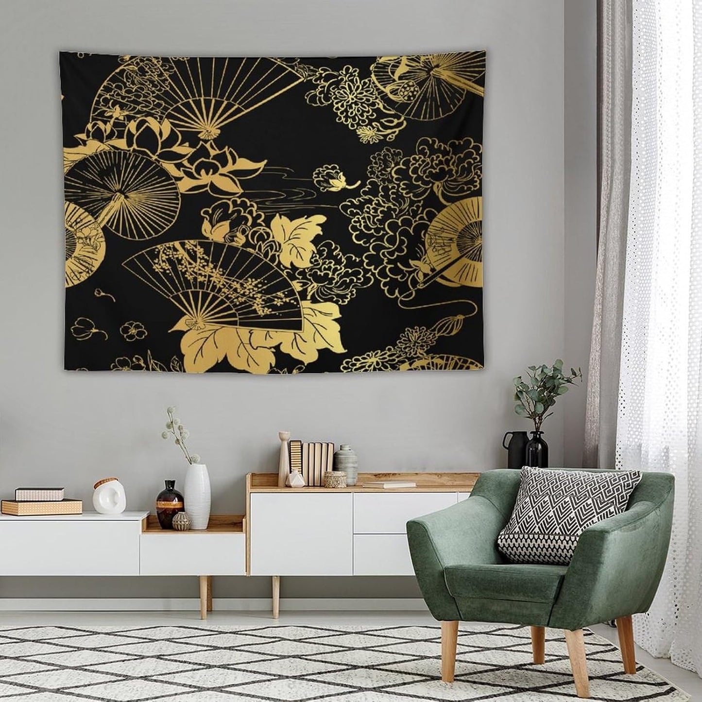 HZOHNAGO Japanese Tapestry Gold Flowers Umbrella Fan Pattern Printed Wall Tapestry Painting Wall Hanging for Bedroom Living Room Dorm 80" W x 60" H