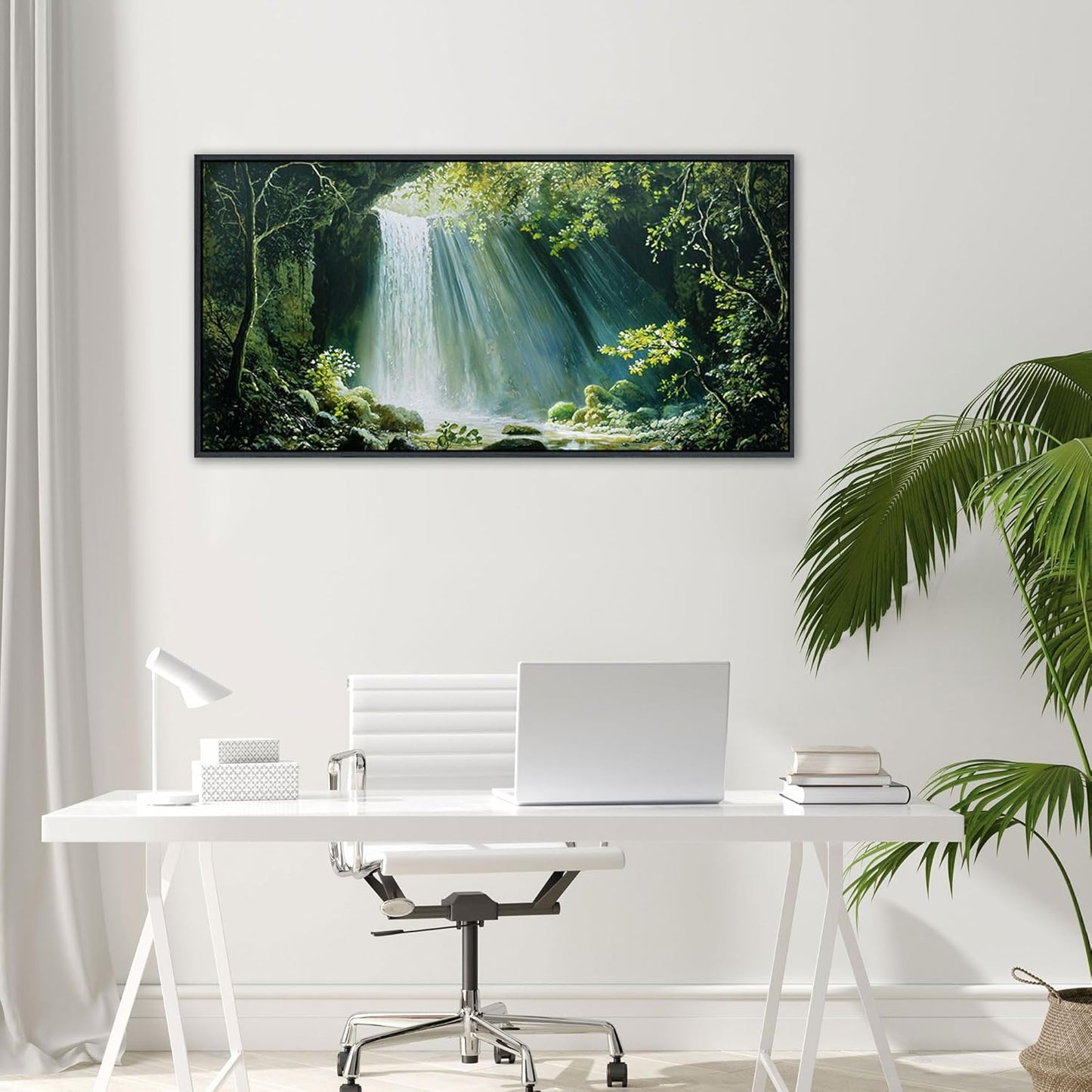 QZQCBLC Green Forest Wall Art, White Waterfall Nature Canvas Pictures Modern Valley Stone River Landscape Paintings Artwork for Living room Bedroom kitchen Home Office Decor 20x40 IN