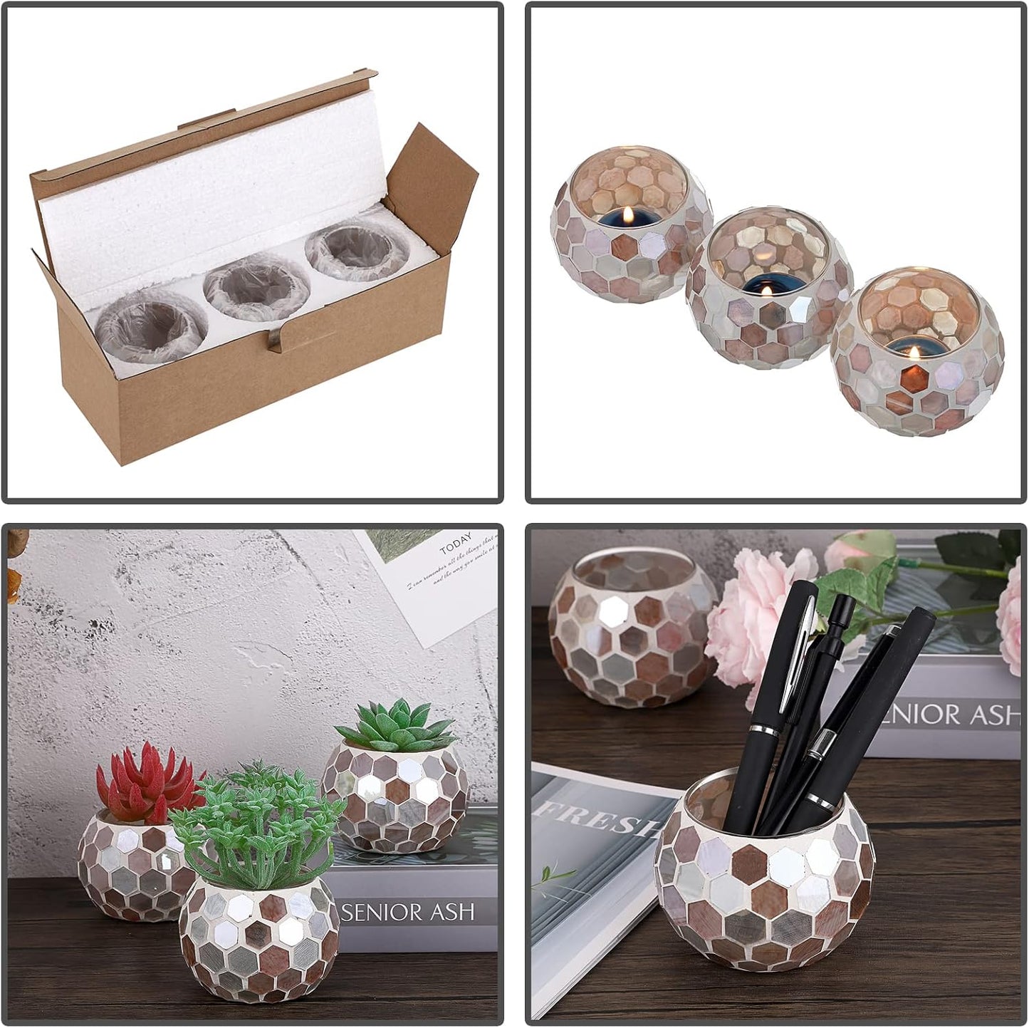 OwnMy Set of 3 Mosaic Glass Tea Light Holders Round Bowl Votive Candle Holders Pillar Candle Stands, Glass Mosaic Tealight Holders Potted Plant Bowl Vase Candle Centerpiece for Dining Table Wedding