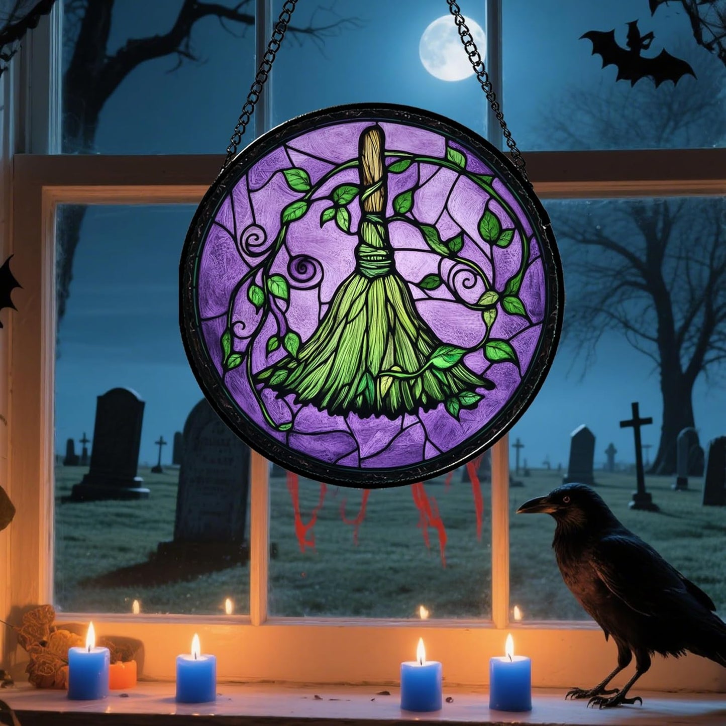 Stained Glass Window Hanging - Halloween Decorations Witch Magic Broom Suncatcher for Doors Garden Indoor Funny Spooky Sun Catchers Gothic Decor Horror Gifts for Women Men Friend 6.3 in