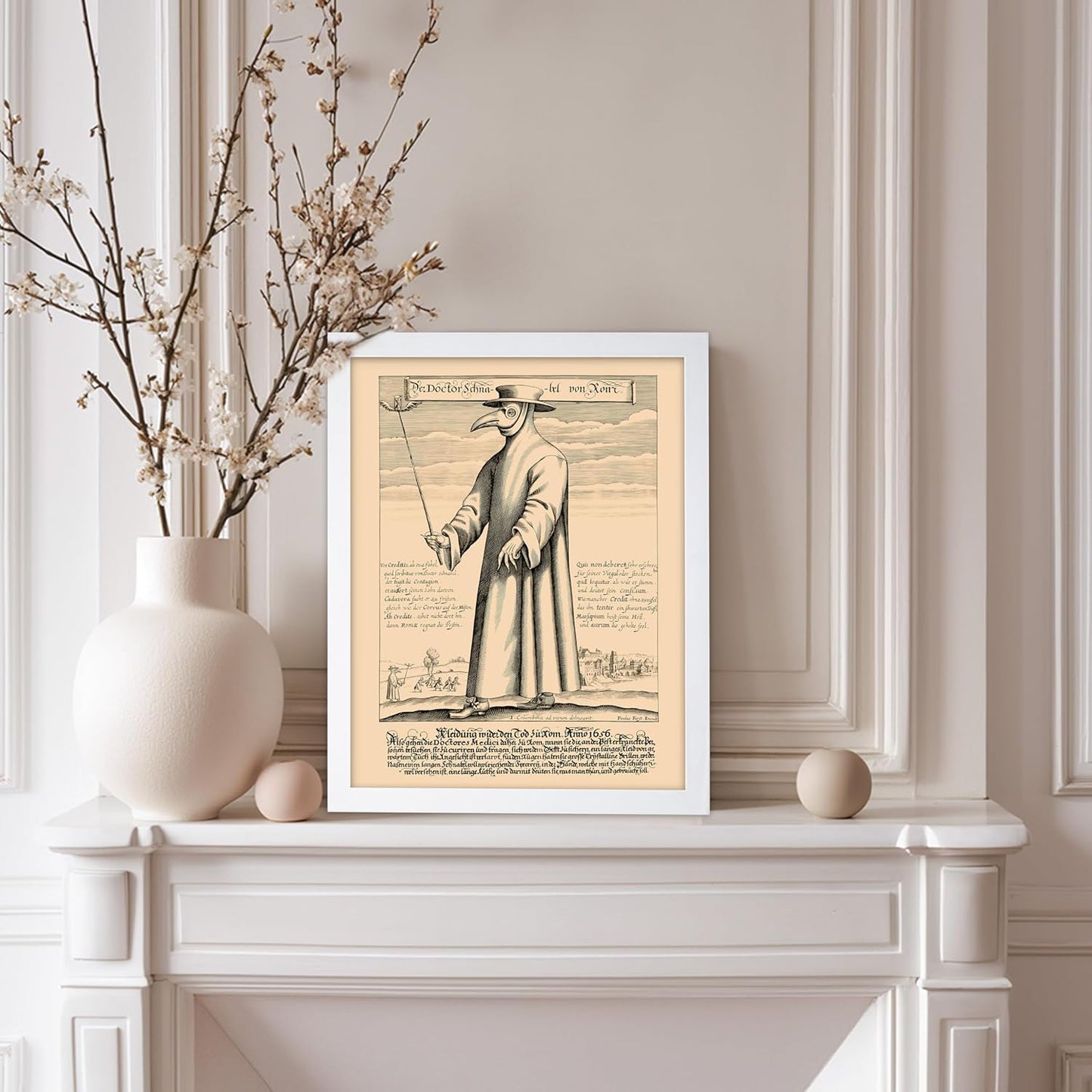 Poster Master Vintage Medieval Poster - Retro Illustration Print - Gift for Friend - Plague Doctor, Pandemic Mask, Physician, Black Death - Wall Decor for Home, Living Room, 11x14 White Framed