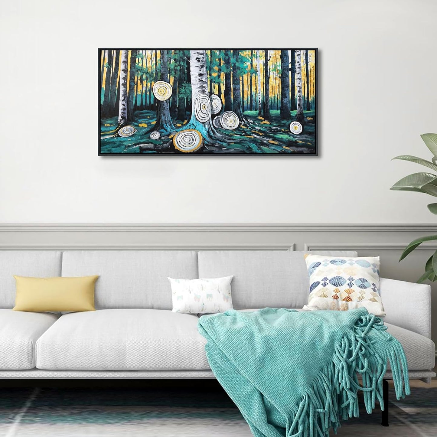 QZQCBLC Canvas Wall Art Bedroom - Green Large Tree Yellow Forest Paintings Artwork Abstract Ring Landscape Pictures for Living room Bathroom kitchen Home Office Wall Decor 20"X40"