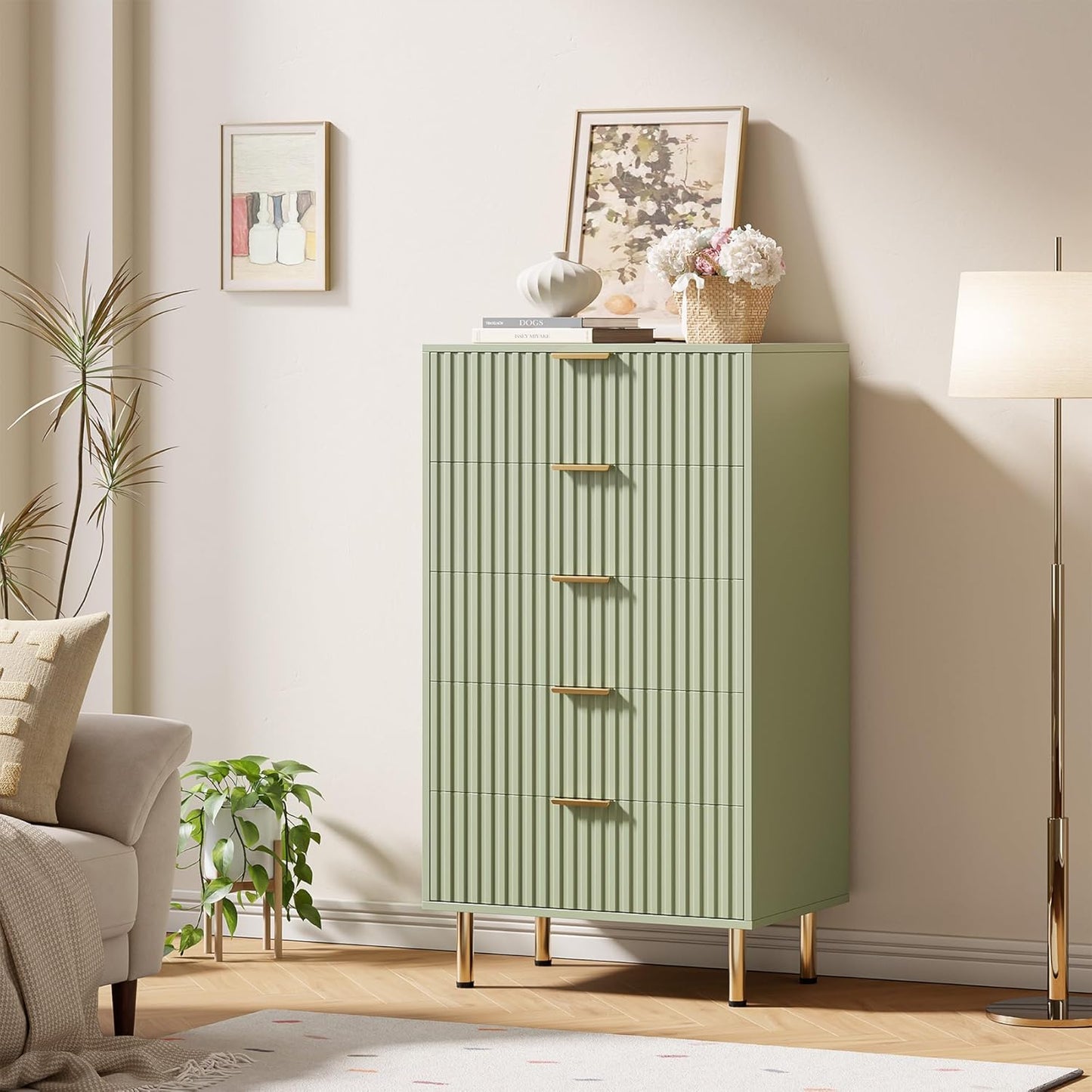 5 Drawer Dresser for Bedroom, 47.2" Tall Modern Chest of Drawers with Deep Drawers and Wide Top, Fluted Wooden Dresser Organizer for Living Room, Hallway, Kids Room, Green