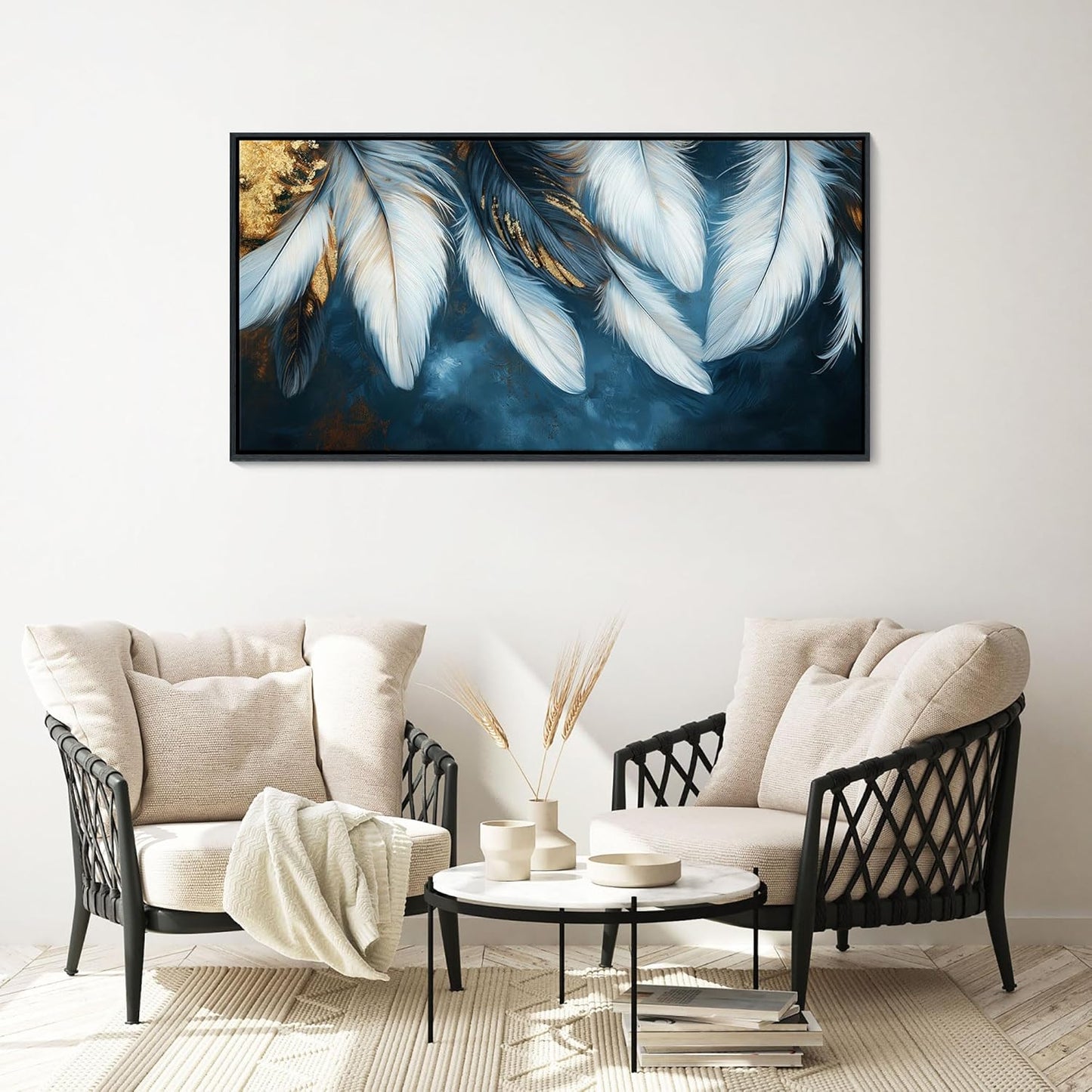 Mofutinpo Blue and Gold Wall Art Framed Navy Blue Decor for Living Room Feather Canvas Art Wall Pictures, Blue Bedroom Wall Decor Above Bed Pictures Wall Decor, Painting - Artwork for Walls 24×48IN