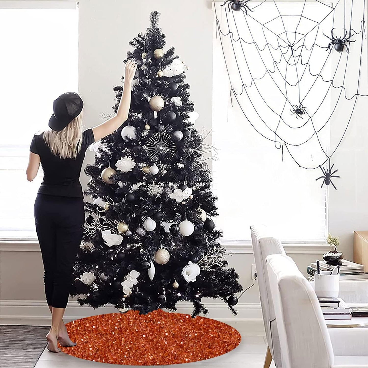 MODFUNS 46 Inch Christmas Tree Skirt Sequins Burnt Orange Xmas Tree Skirt Soft Velvet Christmas Tree Skirts Christmas Tree Ornaments for Halloween Round Fabric Tree Cover Skirt Sequin Metal Tree Base