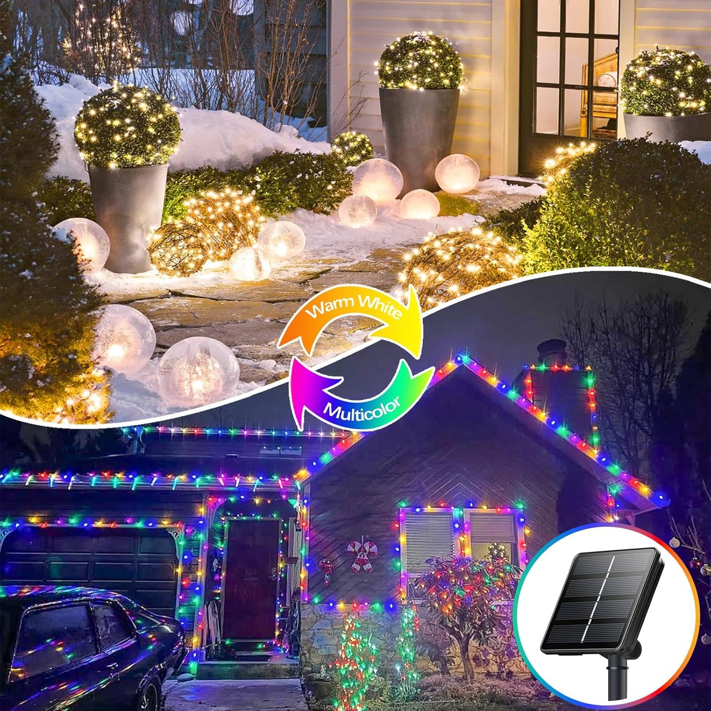 SANJICHA Warm White and Multicolor Color Changing Solar String Lights, Extra-Long 2PK 144FT 400LED Solar Fairy Lights Outdoor Waterproof, Copper Wire 8 Modes for Garden Party Wedding Decorations