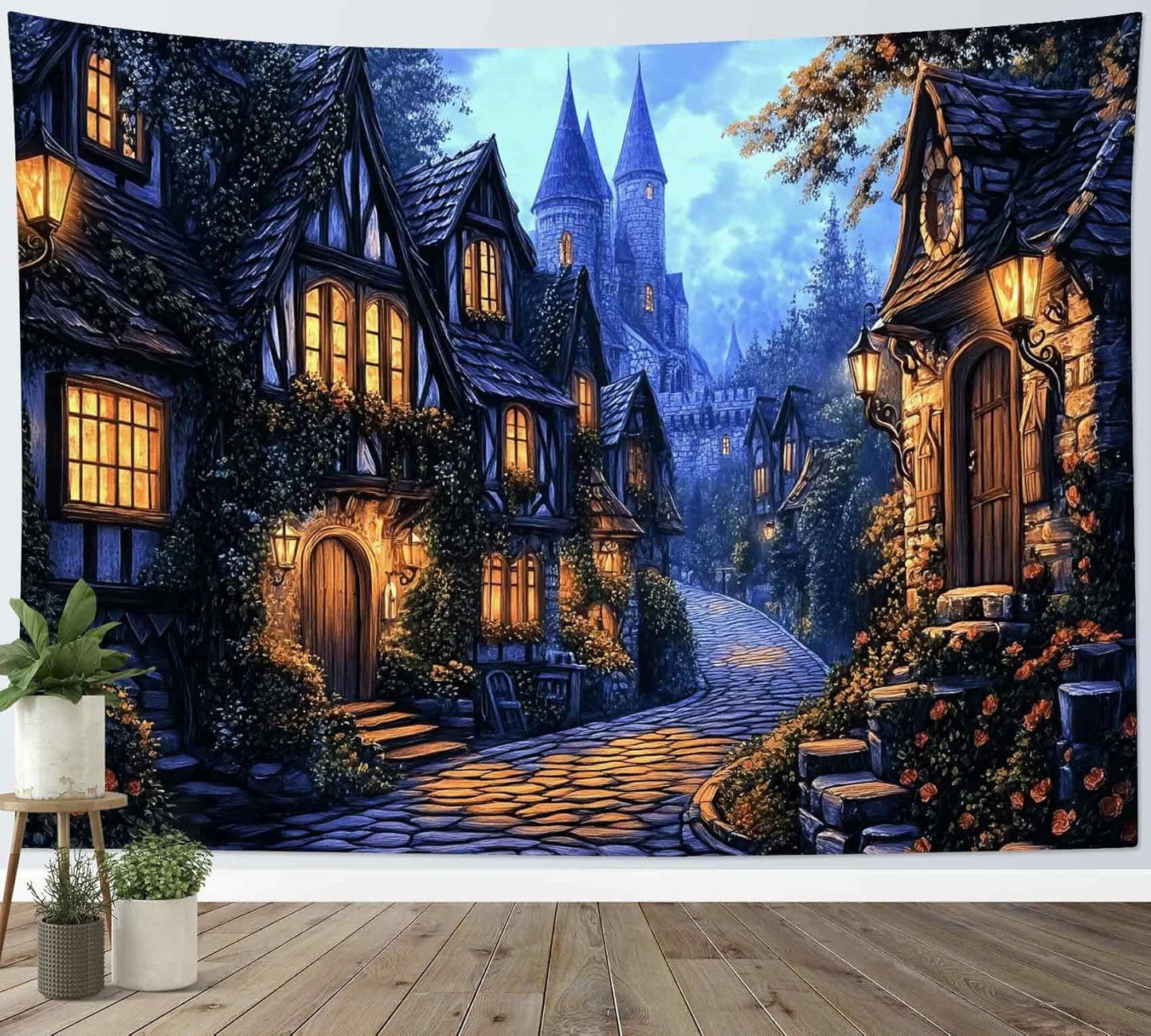 LB Vintage Castle Tapestry, Night Street Old House and Green Tree Wall Tapestry for Bedroom Aesthetic, Village Gothic Wall Art for Living Room Dorm Home Decor Ready to Hanging, 60 x 40 Inches