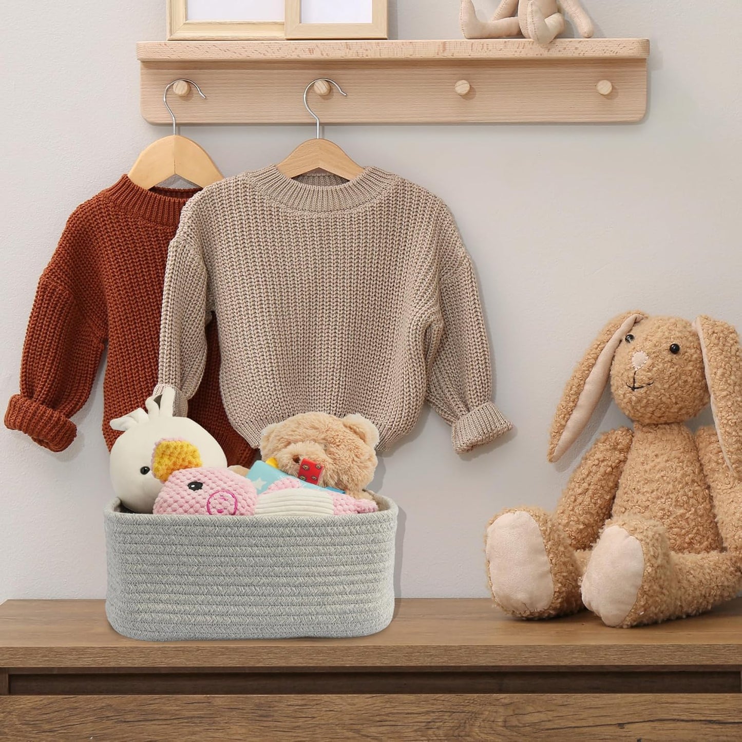 Small Woven Storage Baskets 12“X8”X5“ Decorative Rope Bins for Organizing Shelves, Closets, and Toys, Empty Gift Baskets, Cute Organizer Basket for Home and Office (grey, regular)