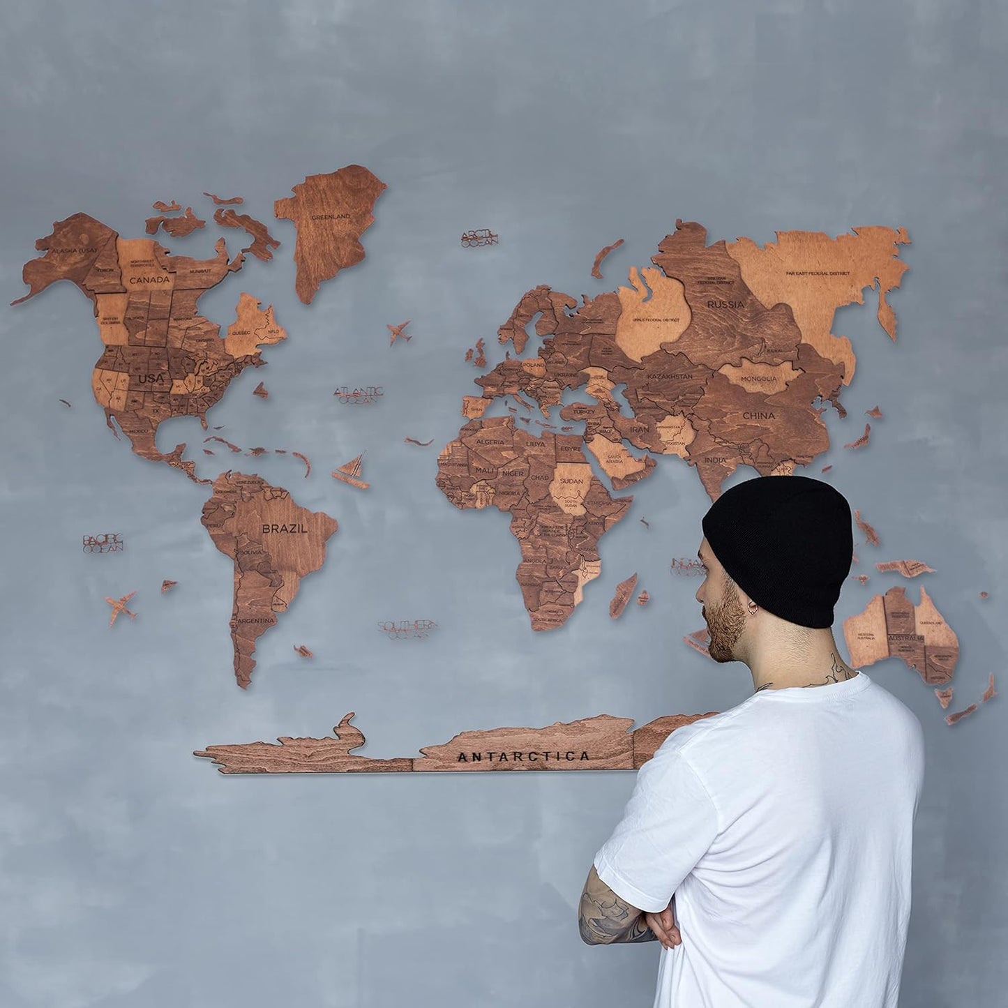 Handmade 3D Wood World Map Wall Art Large Wall Decor Track Your World Travels - Special For Home, Kitchen And Office (X-Large, Oak)