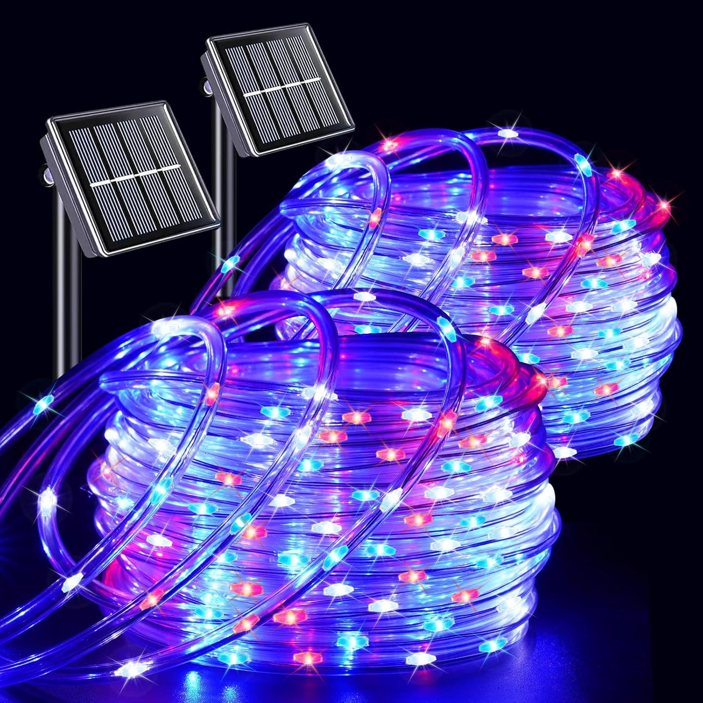 YEGUO 4th of July Decorations Red White and Blue Lights, 2 Packs Each 33ft 100 LED Solar Rope Light with 8 Modes for Patriotic Independence Memorial Day Decor