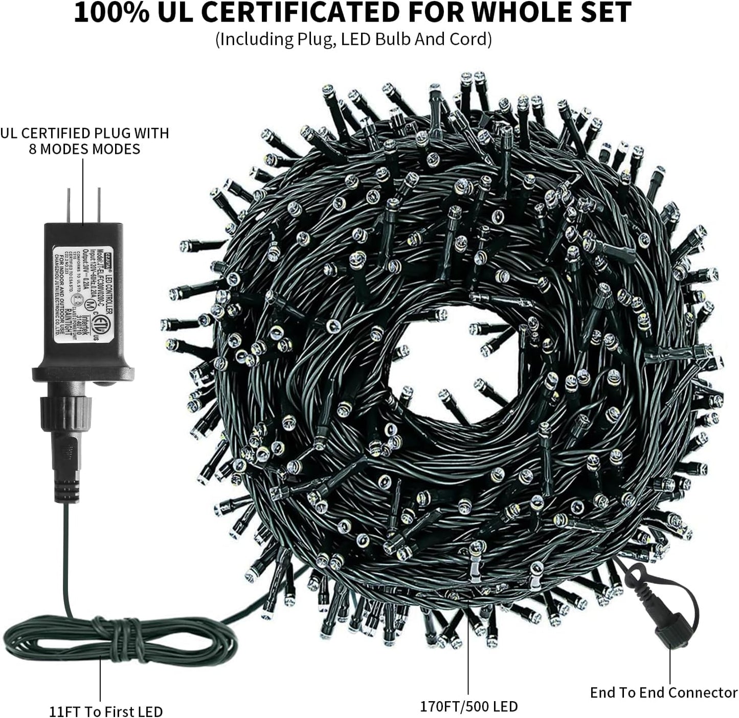 XTF2015 Christmas String Lights 170FT 500 LED, End-to-End Plug 8 Modes Memory Function with Timer - UL Certified - Outdoor Indoor Fairy Christmas Lights for Tree, Patio, Garden, Holiday (Multicolor)