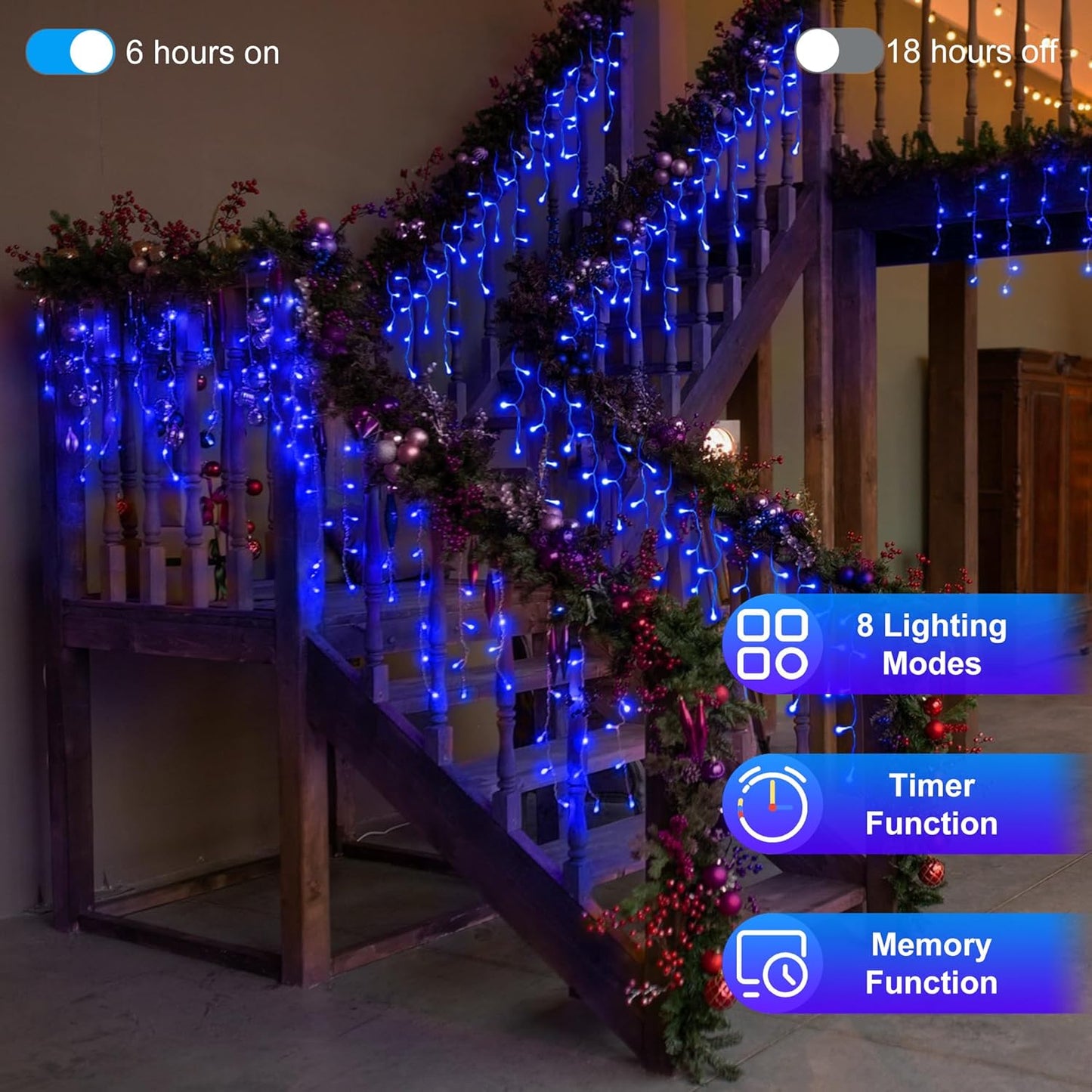 810LED 82FT Christmas Lights, 180Drops 12 Modes Blue Christmas String Lights Outdoor Dimmable, Waterproof Christmas Decoration Fairy Lights with Timer for Eaves Indoor Party Patio Window Fence Blue