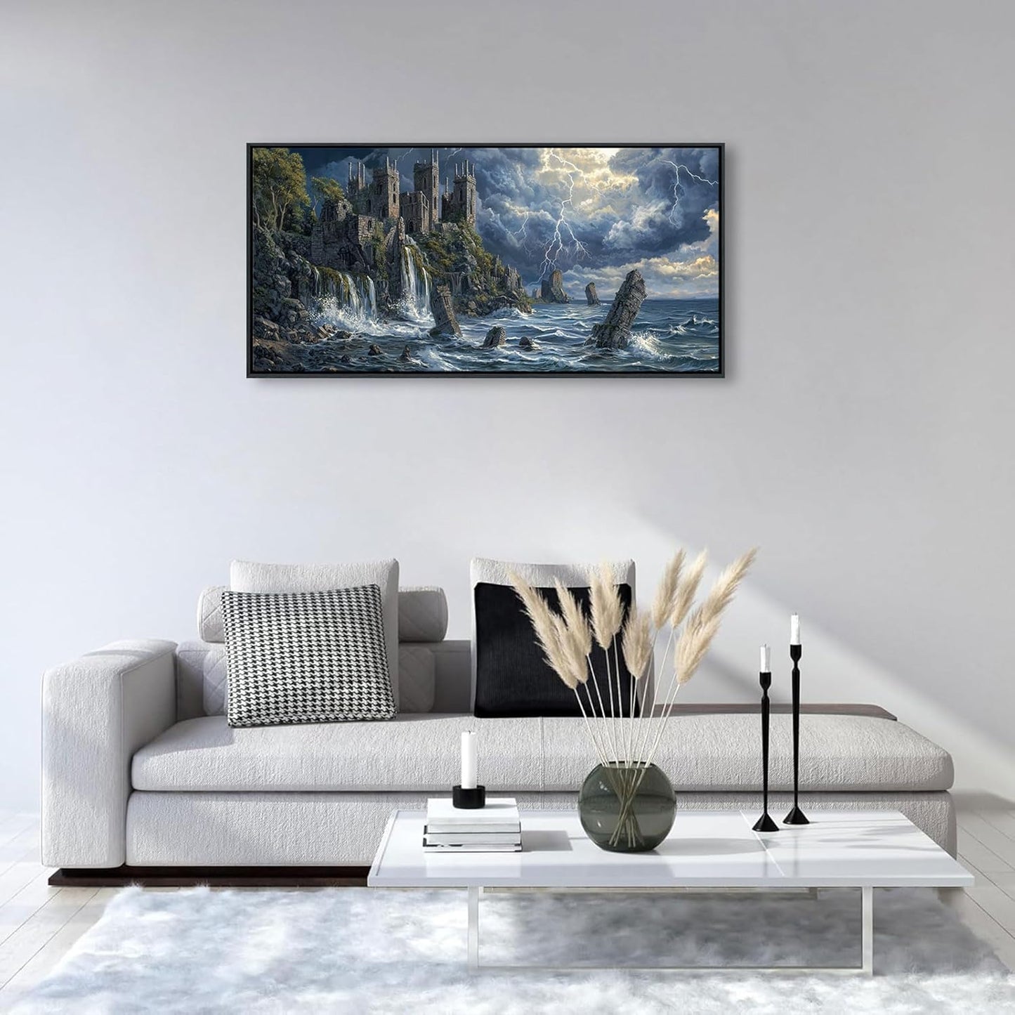 QZQCBLC Large Framed Wall Art - Retro Mystical Castle Landscape Sea Coastal Surface Lightning Realistic Paintings Artwork Picture for Living Room Bedroom Kitchen Home Wall Decor 29"X58"