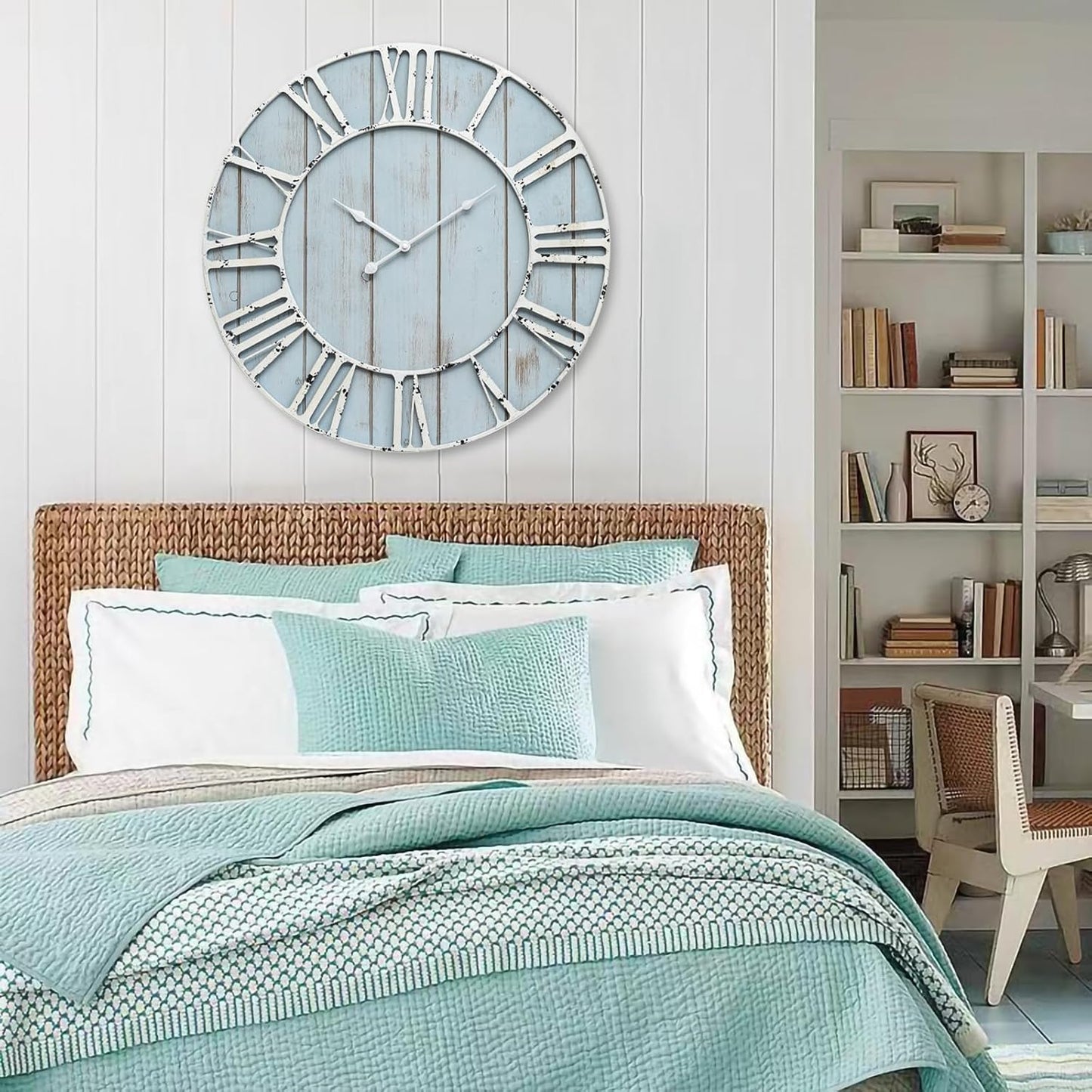 Large Farmhouse Wall Clock 24 Inch Vintage Blue Wooden Wall Clock with Quiet Ticking and Minimalist Roman Numerals for Bedroom Living Room Office Kitchen Home Decor, Battery Operated