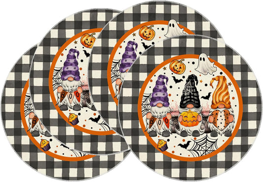 XCHI Spooky Boo Plaid Gnome Halloween Round Placemats Set of 4 Table Mats for Party Home Kitchen Dining Table Decorations 14x14 Inch