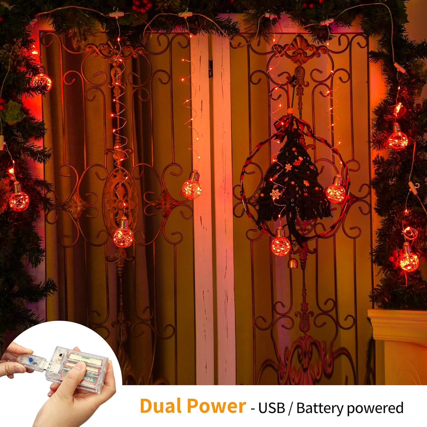 YOLIGHT Wishing Ball Curtain Lights 200 LED Window Curtain String Lights with Remote, USB Battery Powered Twinkle Globe Fairy Lights for Party Bedroom Christmas Halloween Decoration (Orange)