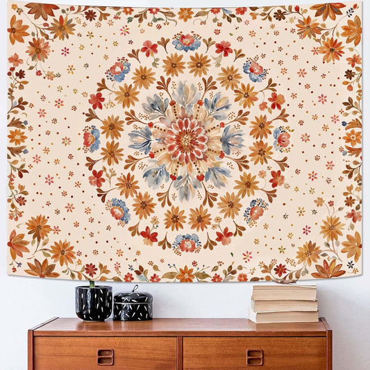Fowocu Boho Floral Mandala Tapestry Wall Hanging Watercolor Bohemian Flower Medallion Tapestry Aesthetic Beige Orange Hippie Indian Small Tapestries for Bedroom Living Room Dorm Decor 60 x 44 Inch
