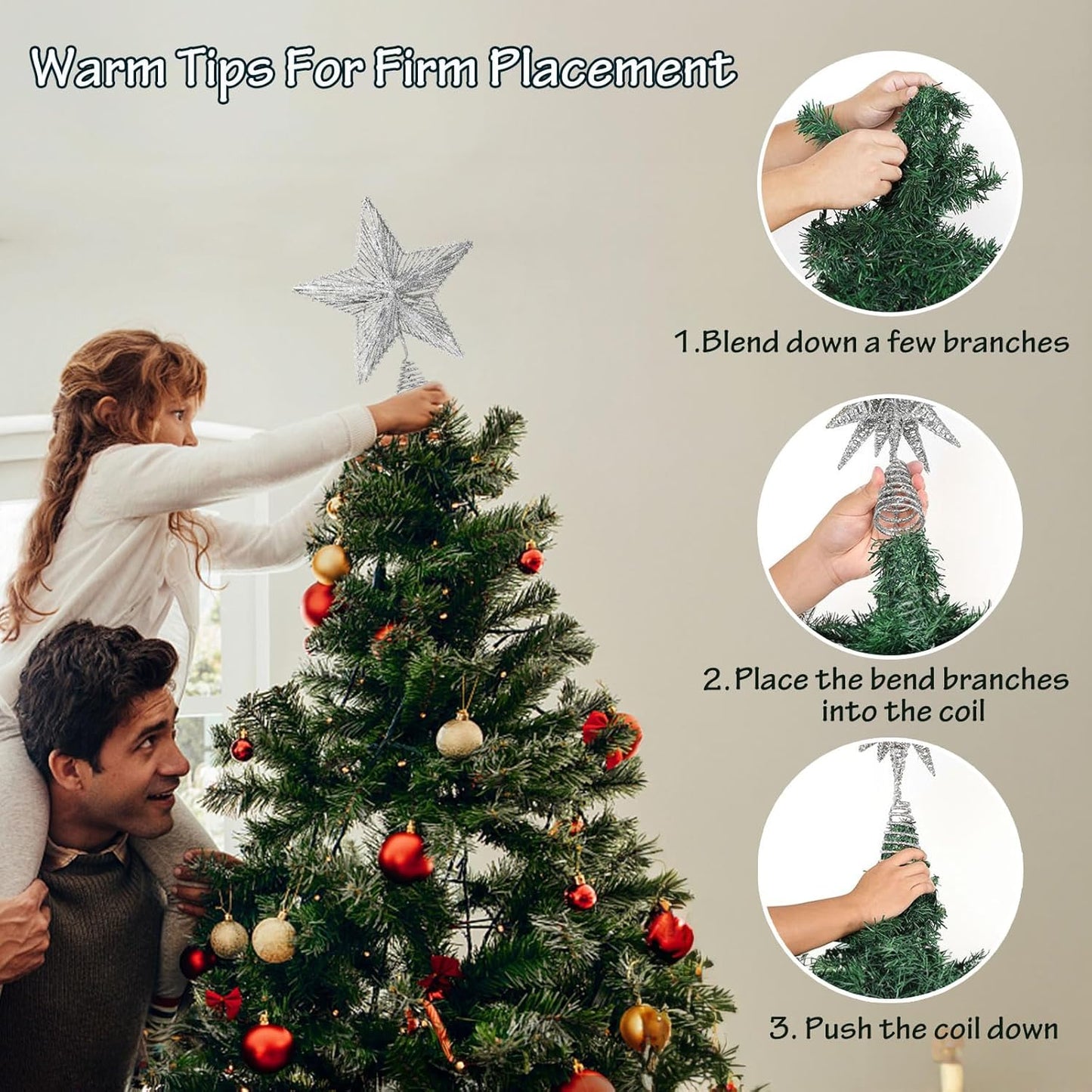 Silver Star Christmas Tree Topper with 50 Colouful LED Lights 8 Lighting Modes Timer, White Tree Topper for Christmas Tree Decorations and Xmas Holiday Seasonal Decor