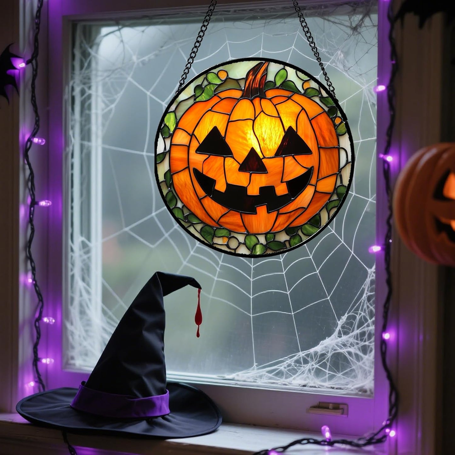 Stained Glass Window Hanging, Halloween Decorations Evil Pumpkin Suncatcher for Doors Garden Indoor Spooky Funny Orange Sun Catchers Gothic Decor Horror Gifts for Women Men Friend 7.8 in