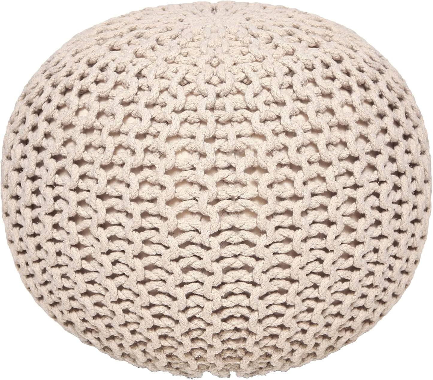 REDEARTH Round Pouf Ottoman - Cable Knitted Boho Poof - Home Décor Cord Pouffe Handmade Circular Footrest for Living Room - Bedroom - Kids Bedroom - 100% Cotton Pouf (18" x 18" x 14") - Ivory