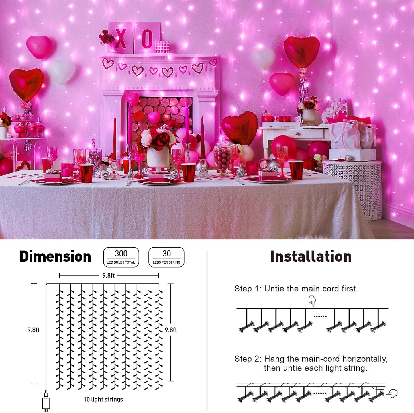JMEXSUSS 300 LED Pink Curtain Lights Indoor, Christmas Lights Plug in, 8 Modes Pink String Lights for Bedroom Window Wall Party Backdrop Xmas Valentine Decorations, 9.8x9.8ft