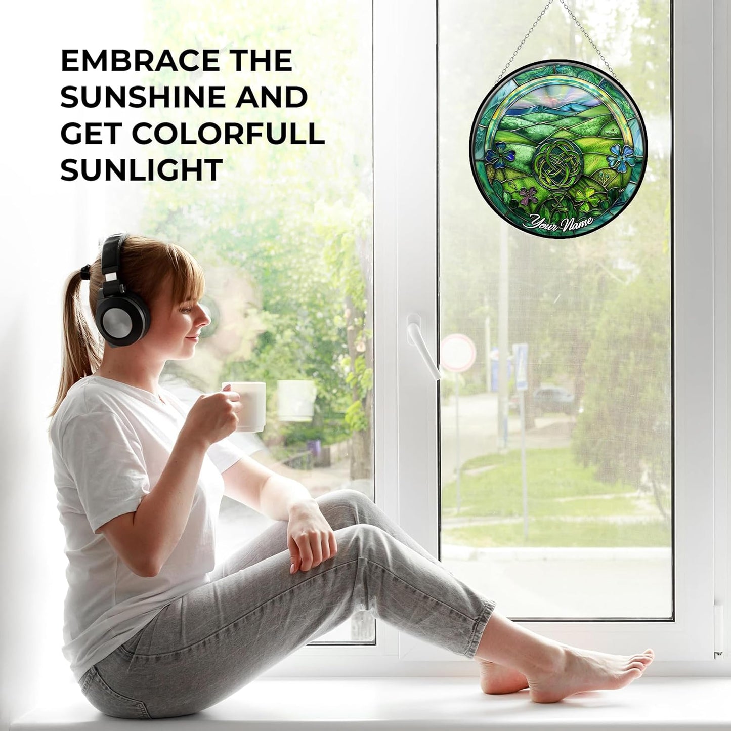 Ireland Stained Glass Sun Catcher, Custom Name Wall Hanging Colored Decor Room Indoor Window Decor, Halloween, Christmas Hanging Ornament Mother Day