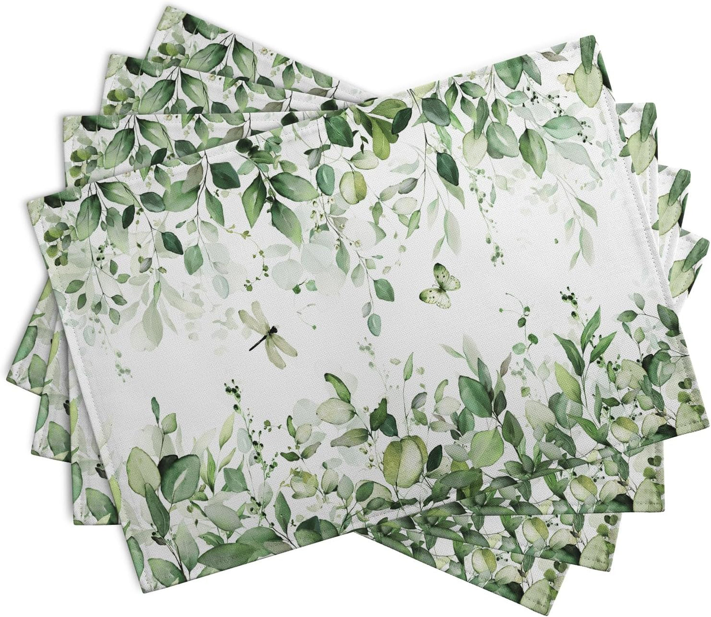 Sage Green Leaf Placemats Set of 4 Eucalyptus Leaves Place Mats 12×18 Inch Spring Summer Rustic Vintage Farmhouse Washable Linen Fabric Table Mats for Party Kitchen Dining Outdoor Indoor Decor