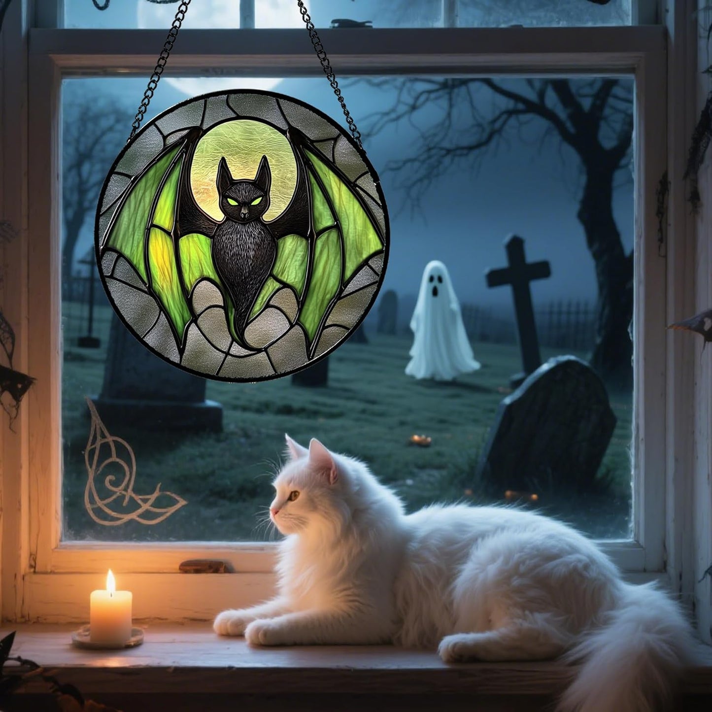 Stained Glass Window Hanging - Halloween Black Bat Green Wings Monster Suncatcher for Doors Garden Home Spooky Sun Catchers Gothic Decor Horror Gift for Women Men Friend Boy Girl 7.8 in