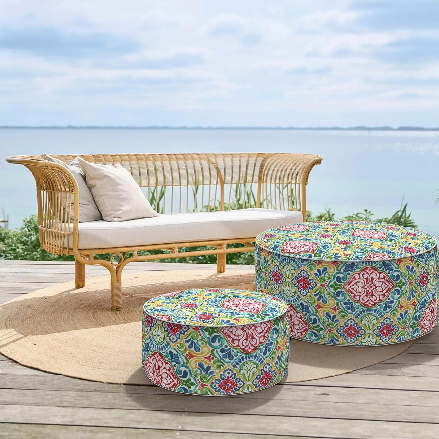 Inflatable Ottoman Stool D31 xH14 for Outdoor/Indoor Use, Water Repellent Patio Foot Rest Stool with Portable Handle,Round Pouf Ottoman Suitable for Garden,Deck and Camping - Damask Red