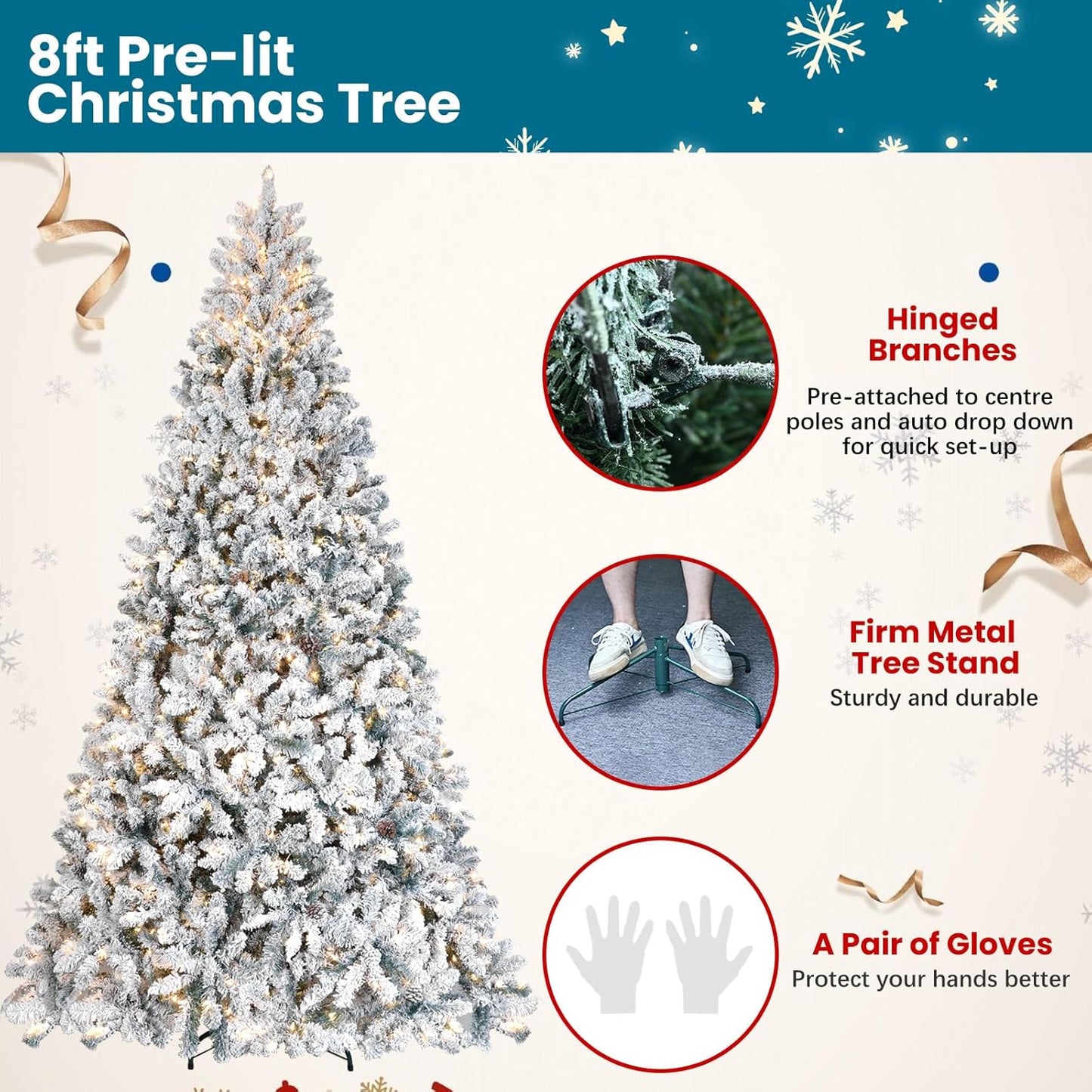 8 ft Flocked Snow Frosted Artificial Christmas Tree with 700 UL Lights & Pine Cones, 1754 Tips, Auto Hinged Easy Setup Full Prelighted