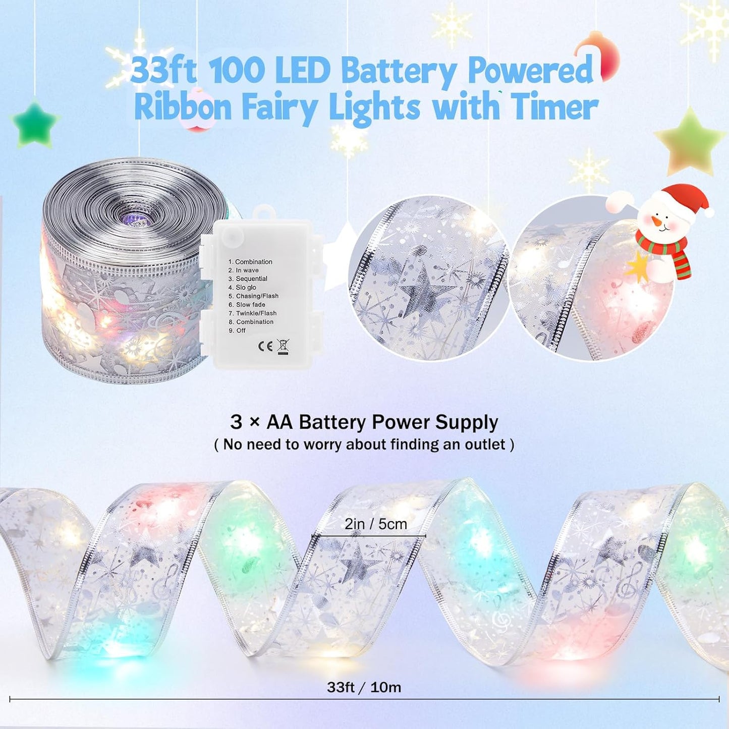 Christmas Tree Ribbon String Lights - 33ft 100 LED Battery Powered Fairy Lights with Timer and 8 Lighting Mode, Ribbon Bow Light for 6ft - 8ft Christmas Tree New Year Decor, Silver Ribbon, Multi-color