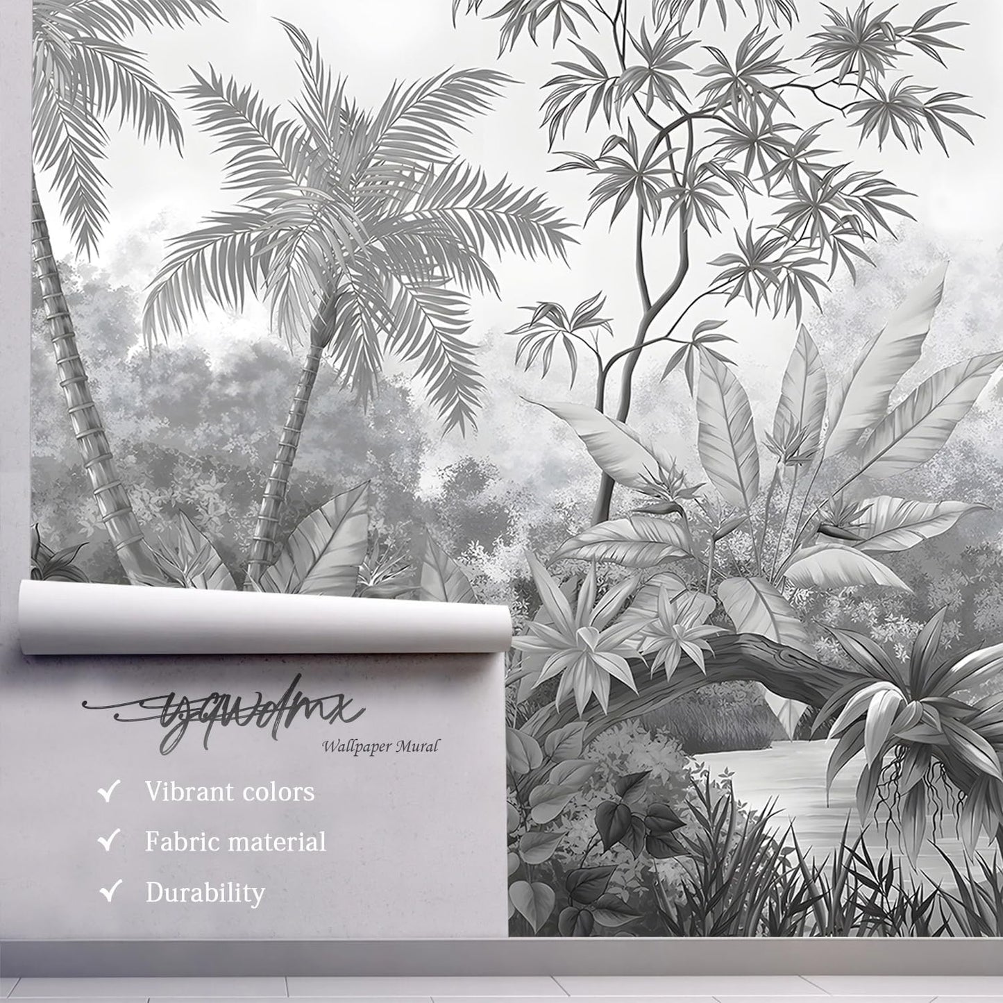-Grey Rainforest Leaves Fabric Wallpaper Bedroom XT11 S 100" x 65"