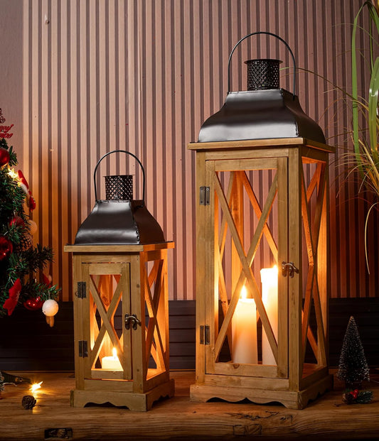 Farmhouse Wooden Metal Candle Lantern Set of 2, Rustic Large Decorative Floor Lanterns, Indoor/Outdoor Hurricane Lantern for Home Decor (No Glass)