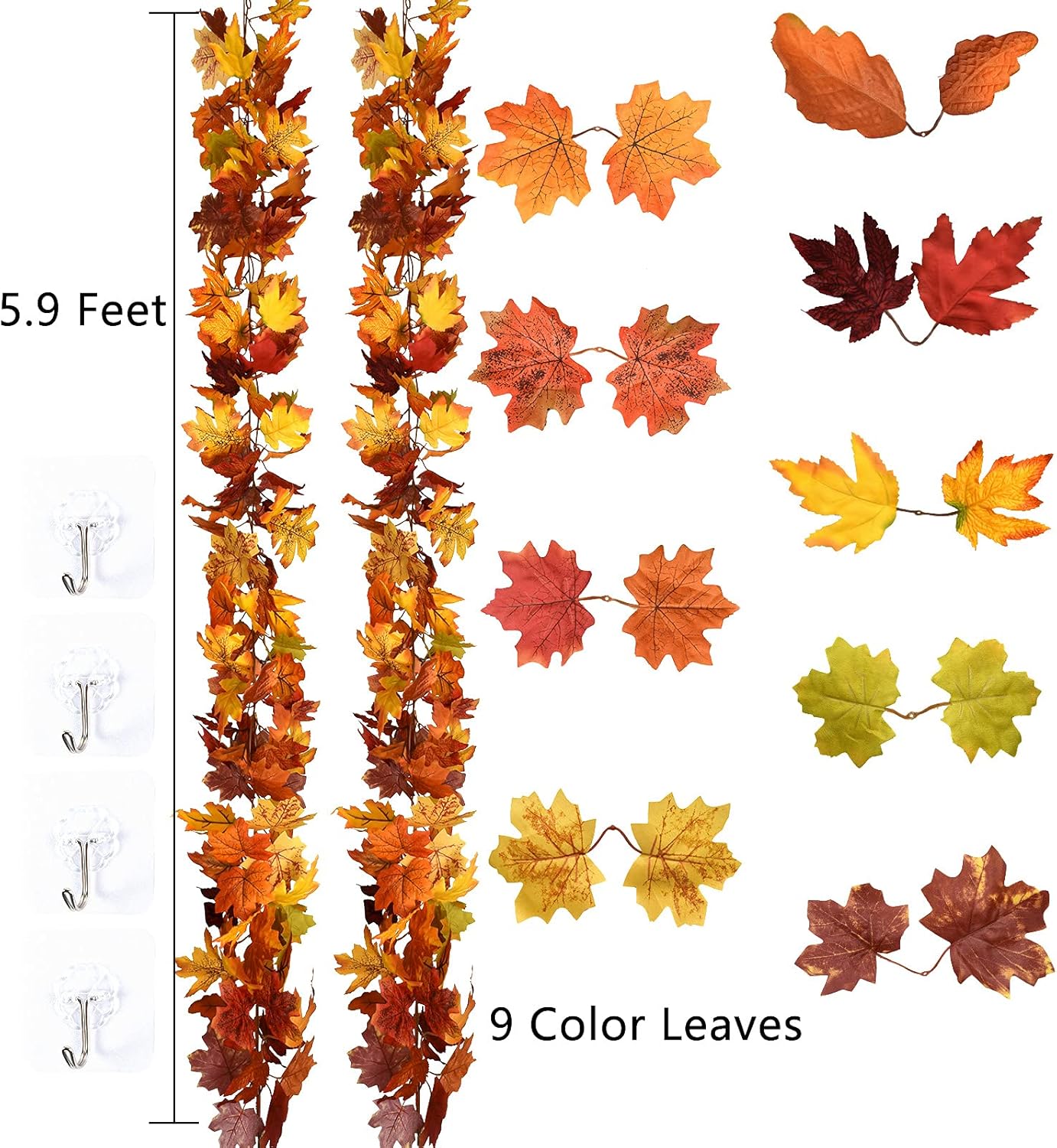 2 Pack Fall Maple Garland - 5.9ft/Piece Artificial Maple Leaf Garland Autumn Hanging Fall Leave Vines for Indoor Outdoor Wedding Thanksgiving Dinner Party Decor