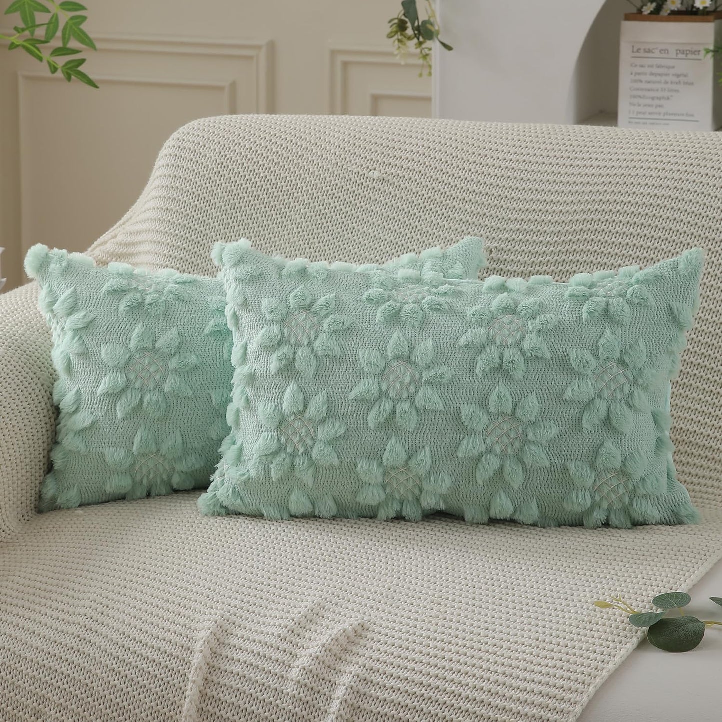 DFXSZ Spring Summer Pillow Covers 12x20 inch Set of 2 Farmhouse Decor White Flower Heart Sunflower Green Soft Plush Faux Fur Jacquard Throw Pillows for Sofa Holiday Spring Home Decor PTK024F20