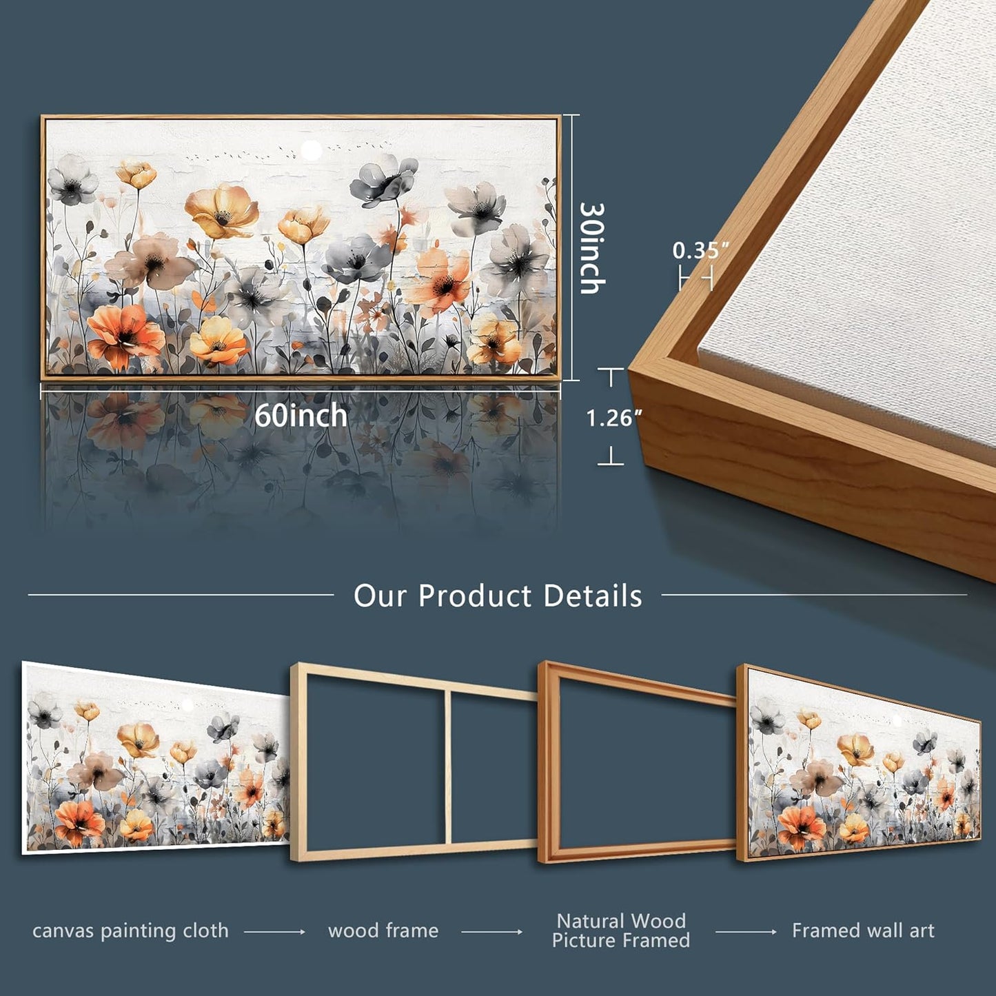 ZUITINGHUA Wood Framed Canvas Wall Art For Living Room Large Wall Decor For Office Bedroom Decorations Flowers Landscape Pictures Farmhouse Paintings Artwork Aesthetic Mural Home Decor 30x60 In