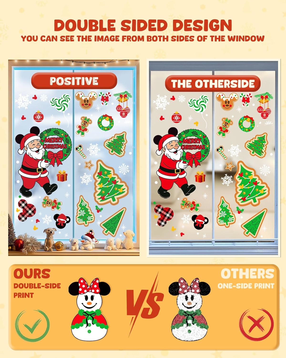 Christmas Window Clings - 9 Sheets 166 Pcs Cute Xmas Decorations for Winter Holiday Home Party, Santa Snowman Tree Snowflake Gingerbread Stickers for Glass, Double-Sided Static Window Decals