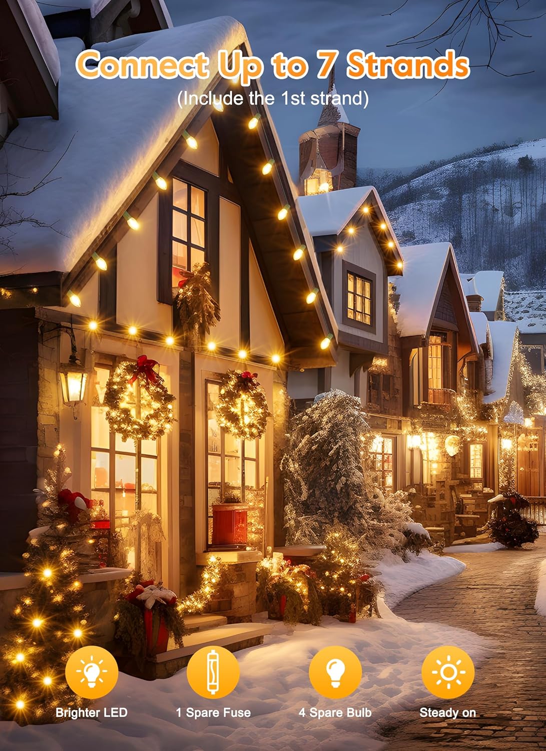 Vintage C9 LED Christmas Lights Outdoor, 100 Feet C9 String Lights with 100 LED C9 Plastic Bulbs, Waterproof Connectable Lights for Christmas Tree Roofline Garden Patio Backyard Decor, Warm White