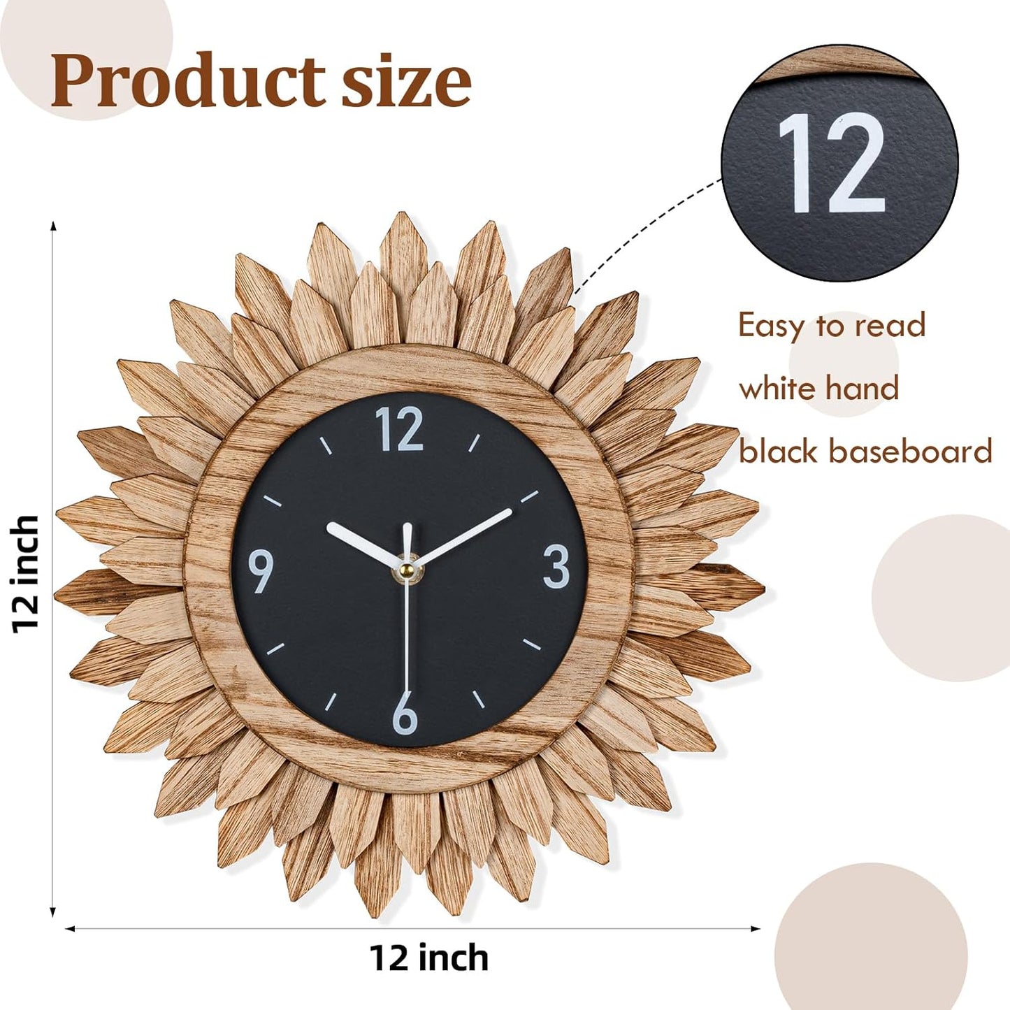 Honiway Wall Clock Battery Operated 12 in Rustic Wood Boho Sunburst Decorative Wall Clock Silent Non Ticking Farmhouse Small Wall Clocks for Living Room Kitchen Bathroom Bedroom Decor (Rustic Brown)