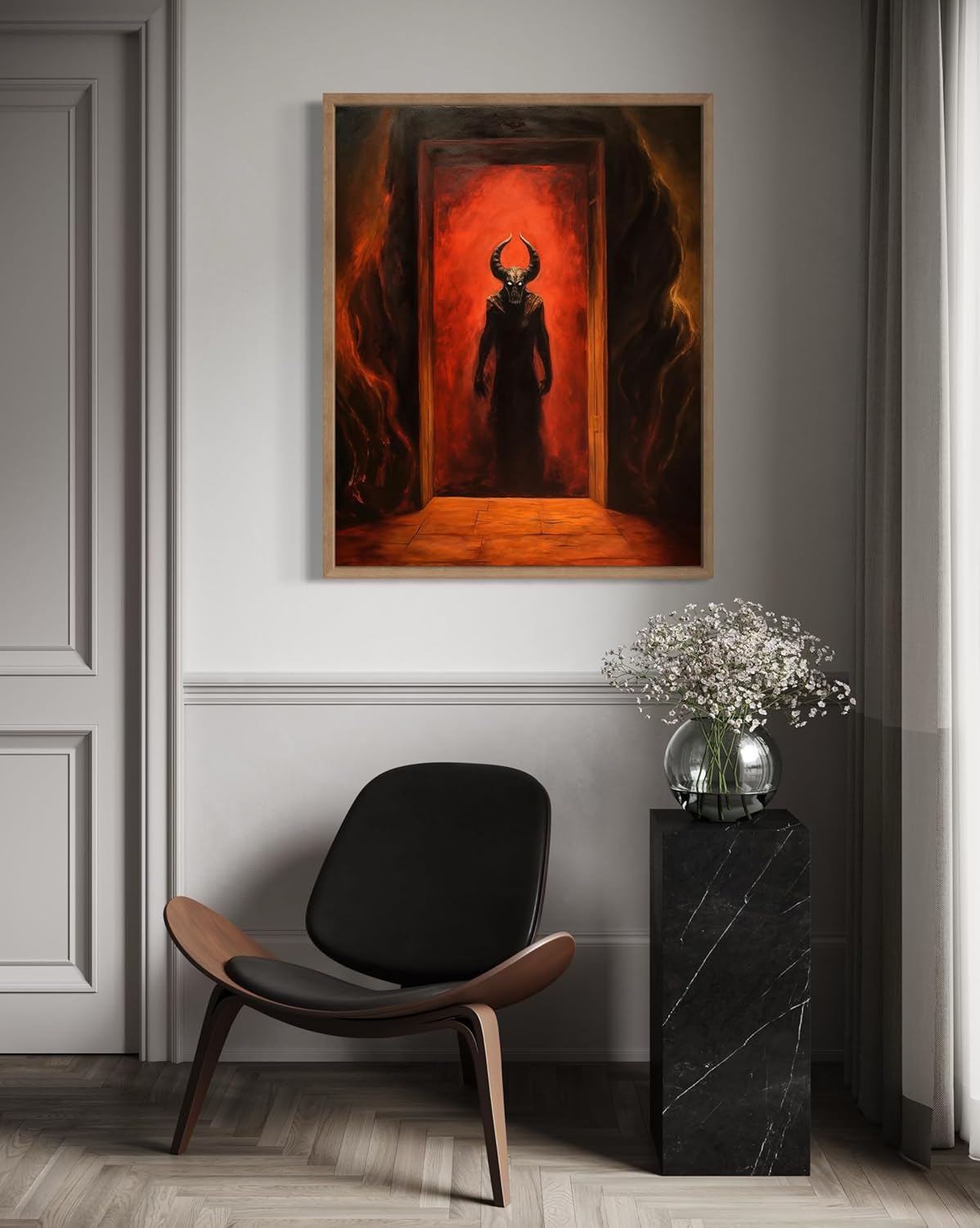 Satan and Hell Poster Art Print, Halloween Scary Vintage Wall Art Academia Spooky Painting Decoration for Horror Prints, Gothic Posters Bedroom Decor 89 (Satan and Hell, 8 x 10 inches, Wood Frame)