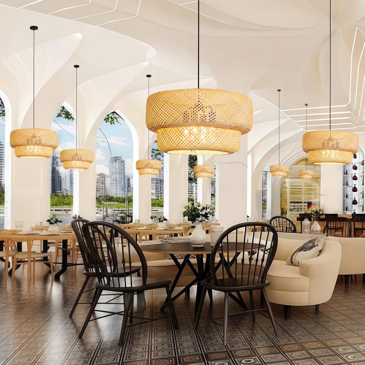 23.62" Bamboo Pendant Light,4-Light Boho Rattan Hanging Light,Hand Woven Wicker Chandelier for Kitchen Island for Kitchen Island Dining Bedroom Living Room Restaurants